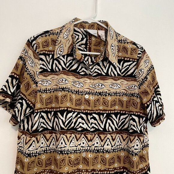 ALFRED DUNNER Tan Brown White Geometric Striped Tribal Animal Button Down PETITE - Picture 3 of 12